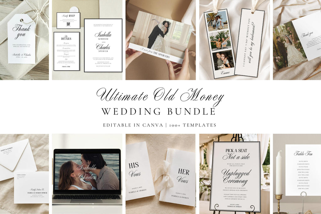 Ultimate old money wedding template bundle editable in Canva, minimalist wedding signs, invitations, seating chart, wedding stationery template bundle