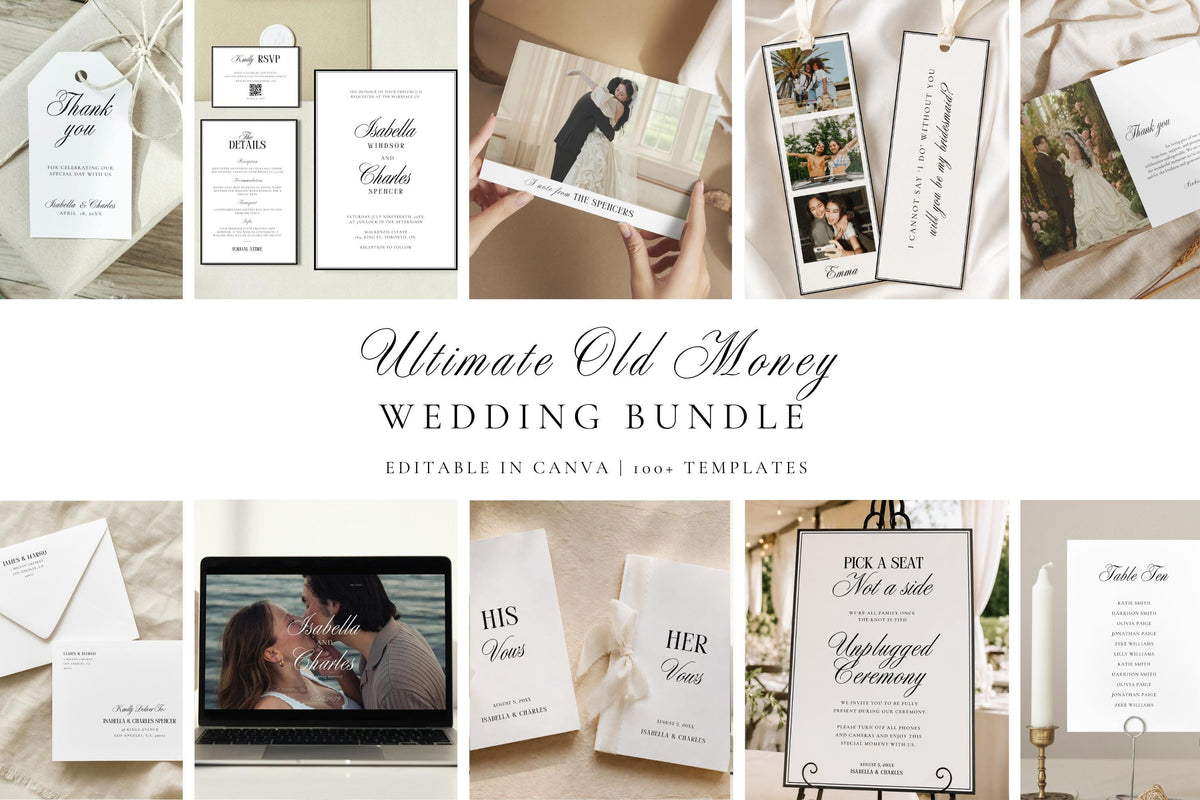 Ultimate old money wedding template bundle editable in Canva, minimalist wedding signs, invitations, seating chart, wedding stationery template bundle