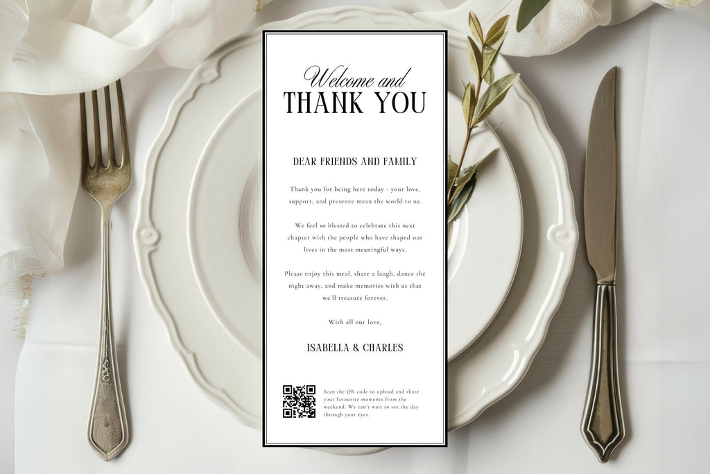 Editable wedding thank you letter template, wedding guest thank you note printable, modern minimalist wedding reception thank you card, Canva editable wedding stationery, elegant wedding place setting menu insert