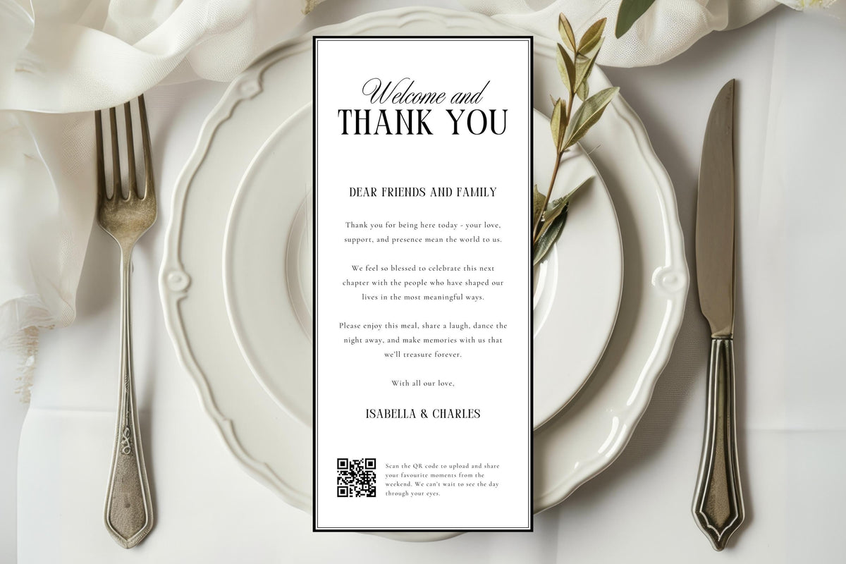 Editable wedding thank you letter template, wedding guest thank you note printable, modern minimalist wedding reception thank you card, Canva editable wedding stationery, elegant wedding place setting menu insert