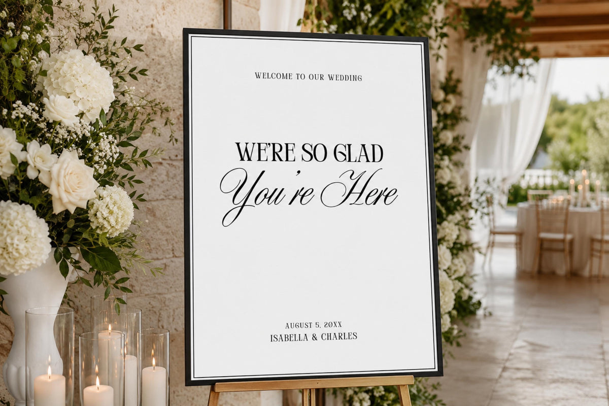 Elegant minimalist wedding welcome sign template in black frame displayed at luxury wedding venue entrance, editable Canva wedding welcome sign, modern wedding signage, printable A1 welcome poster, black and white wedding decor, timeless wedding entrance sign.