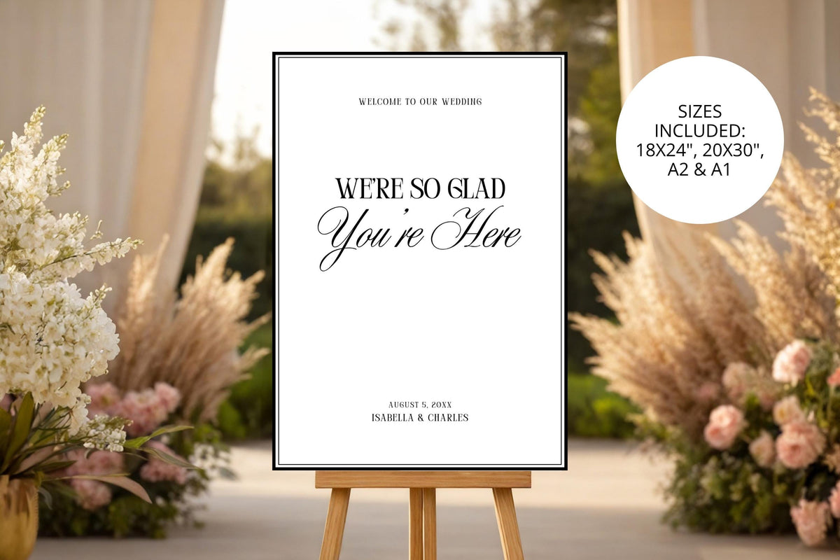 Printable wedding welcome sign template with pampas grass decor, editable Canva wedding entrance sign, minimalist wedding poster, elegant black border wedding welcome sign, modern neutral wedding signage, instant download wedding decor.