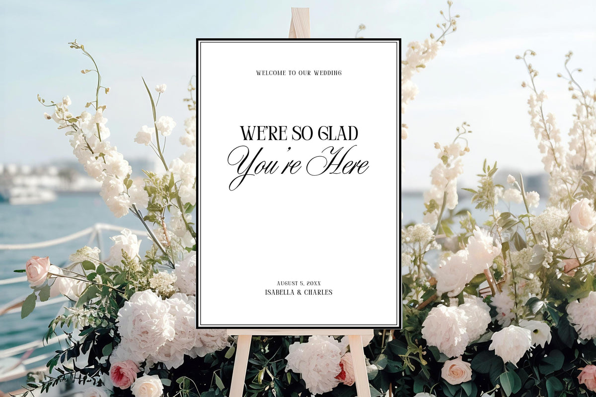 Luxury wedding welcome sign template displayed at outdoor ceremony entrance, editable Canva wedding sign, elegant printable wedding welcome poster, minimalist black and white wedding decor, timeless ceremony entrance signage.