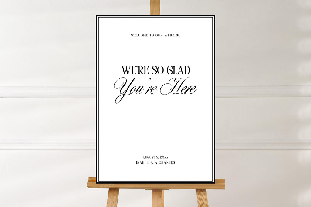 Editable minimalist wedding welcome sign template with black border, printable Canva wedding welcome poster, modern wedding entrance sign, elegant black and white wedding decor, DIY wedding signage, instant digital download.