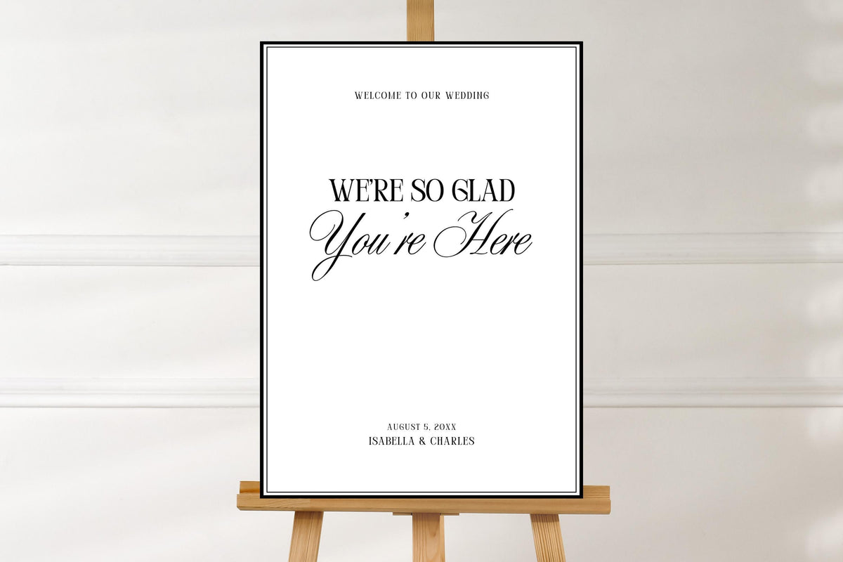 Editable minimalist wedding welcome sign template with black border, printable Canva wedding welcome poster, modern wedding entrance sign, elegant black and white wedding decor, DIY wedding signage, instant digital download.