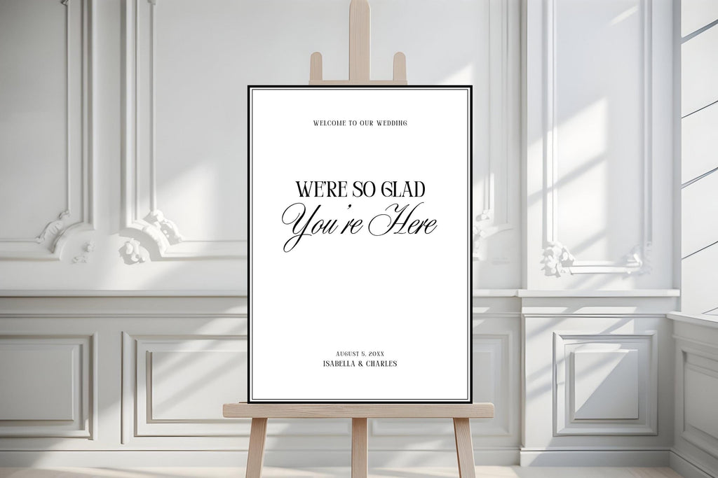 Modern wedding welcome sign template on easel in luxury editorial venue, editable Canva wedding sign, minimalist black and white wedding welcome poster, printable A1 wedding entrance sign, classic wedding reception decor template.
