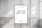 Modern wedding welcome sign template on easel in luxury editorial venue, editable Canva wedding sign, minimalist black and white wedding welcome poster, printable A1 wedding entrance sign, classic wedding reception decor template.