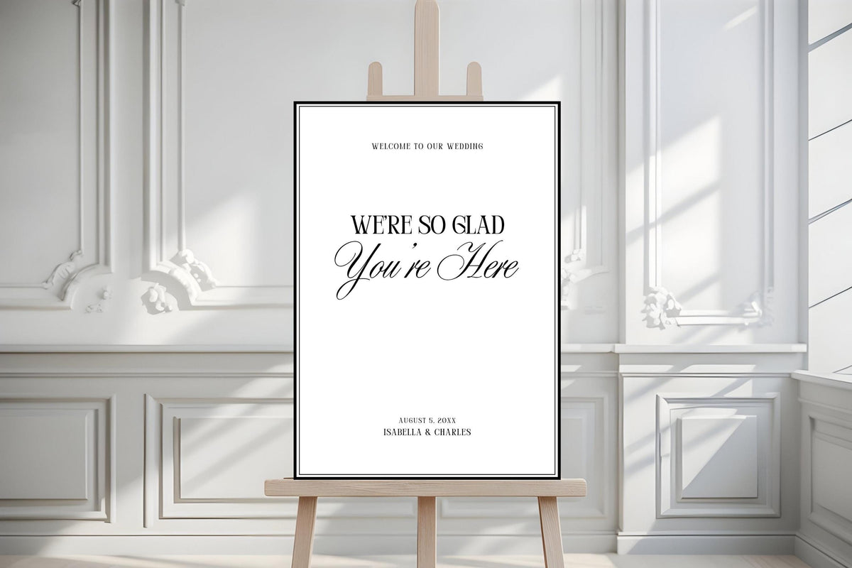 Modern wedding welcome sign template on easel in luxury editorial venue, editable Canva wedding sign, minimalist black and white wedding welcome poster, printable A1 wedding entrance sign, classic wedding reception decor template.