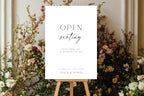 Open seating wedding sign template with romantic garden floral styling, editable wedding reception seating sign, modern minimalist wedding decor printable, black and white wedding sign Canva template, elegant open seating reception display, instant download wedding signage.