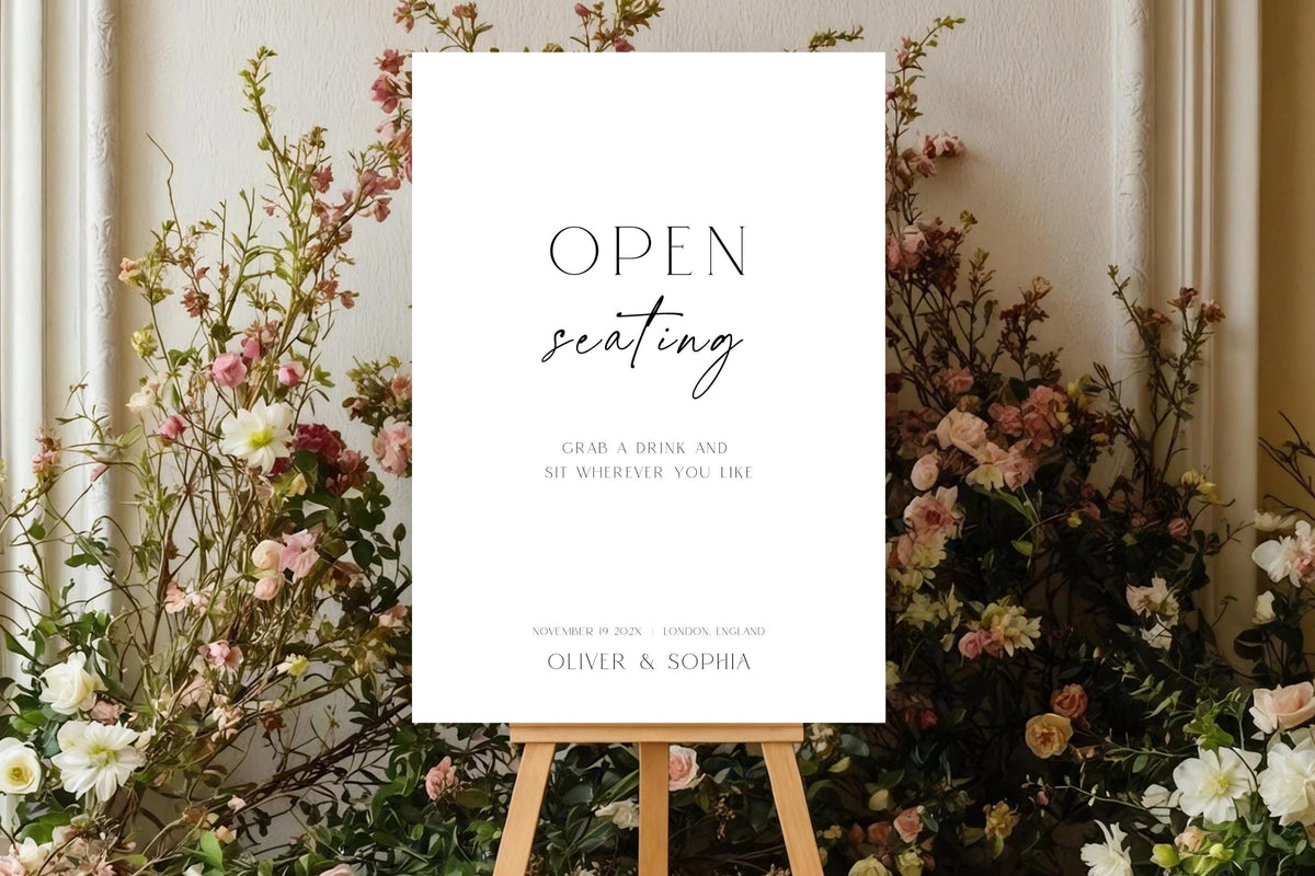 Open seating wedding sign template with romantic garden floral styling, editable wedding reception seating sign, modern minimalist wedding decor printable, black and white wedding sign Canva template, elegant open seating reception display, instant download wedding signage.