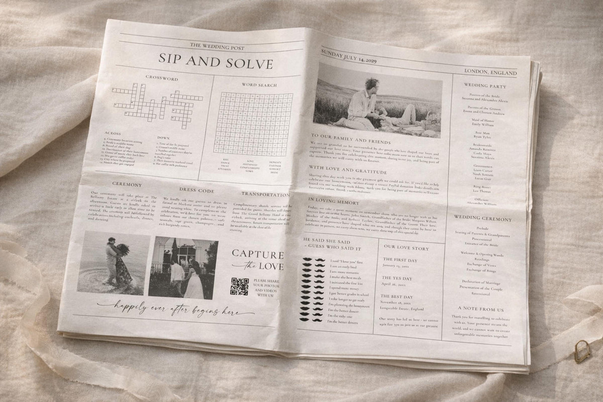 Open wedding newspaper template layout, editable wedding program newspaper, printable wedding timeline and order of events newspaper, DIY Canva wedding newspaper template download