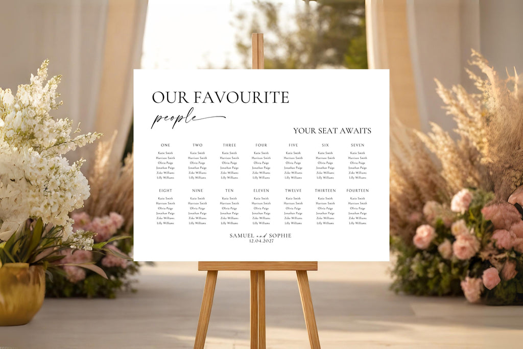 Wedding seating chart sign on easel at romantic outdoor ceremony with florals, editable Canva template, landscape A1 A2 sign for reception.