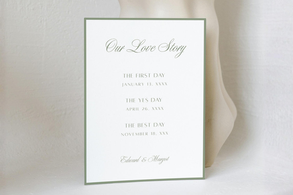 Our Love Story wedding timeline sign with sage green lettering and a slim border, featuring relationship milestones on a white card against a softly draped neutral background.
