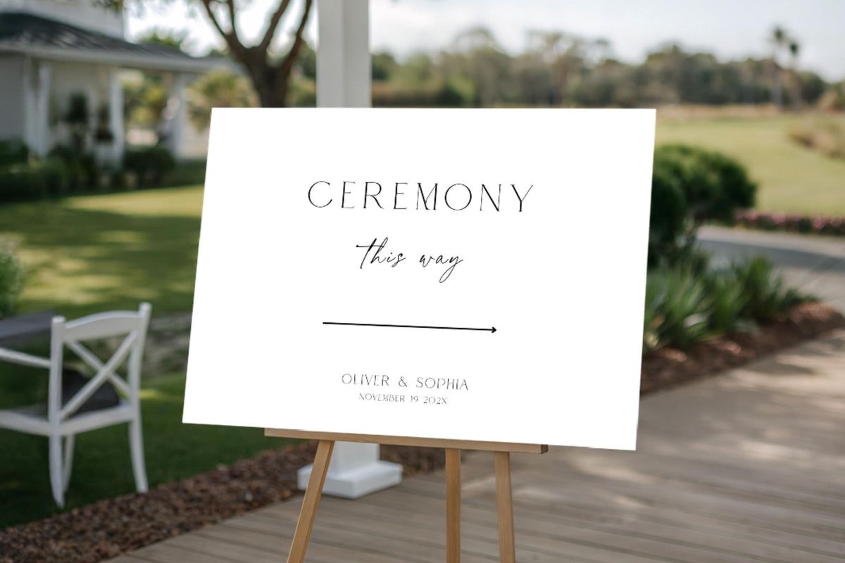 Wedding ceremony this way sign template editable in Canva, modern wedding ceremony direction sign, minimalist wedding signage printable, elegant black and white wedding decor, DIY wedding sign instant download.