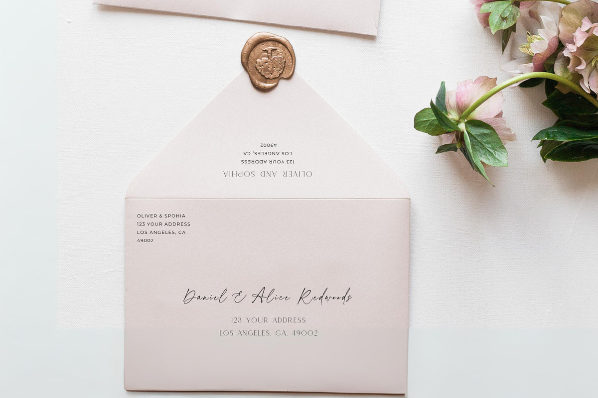 Neutral toned wedding envelope addressing template with wax seal and floral styling, elegant minimalist wedding stationery suite, editable Canva template for printable envelope addressing