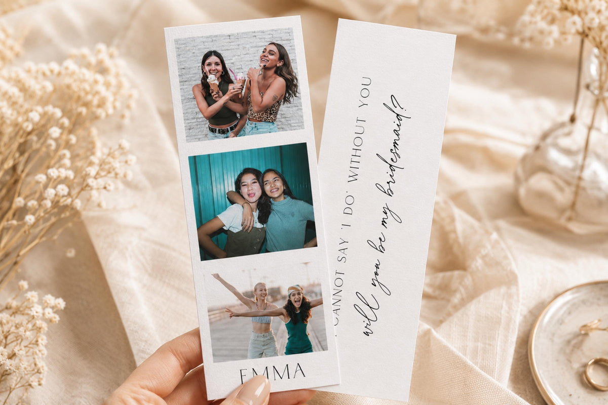 Bridesmaid proposal photo bookmark held in hand featuring personalised wedding photo strip and custom message, editable Canva template, printable bridesmaid proposal gift, bridal party invitation keepsake, luxury wedding stationery mockup.