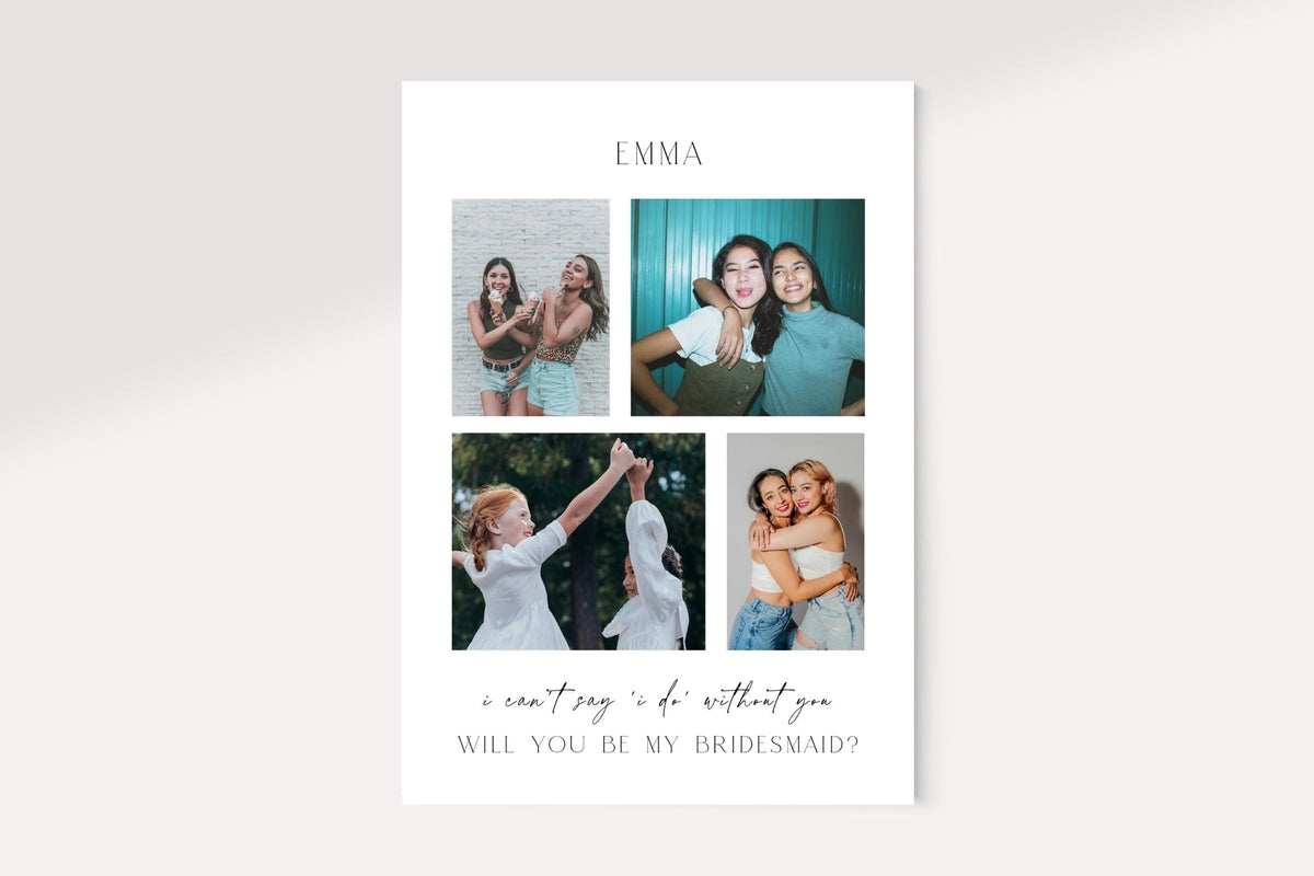 Bridesmaid proposal card front design with photo collage, editable Canva bridesmaid proposal template, printable wedding party proposal card, personalised bridesmaid keepsake card, modern wedding stationery instant download.