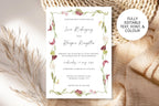 Editable pink floral wedding invitation template displayed against neutral fabric and dried foliage, featuring a green botanical border and a badge highlighting customisable text, fonts and colours.