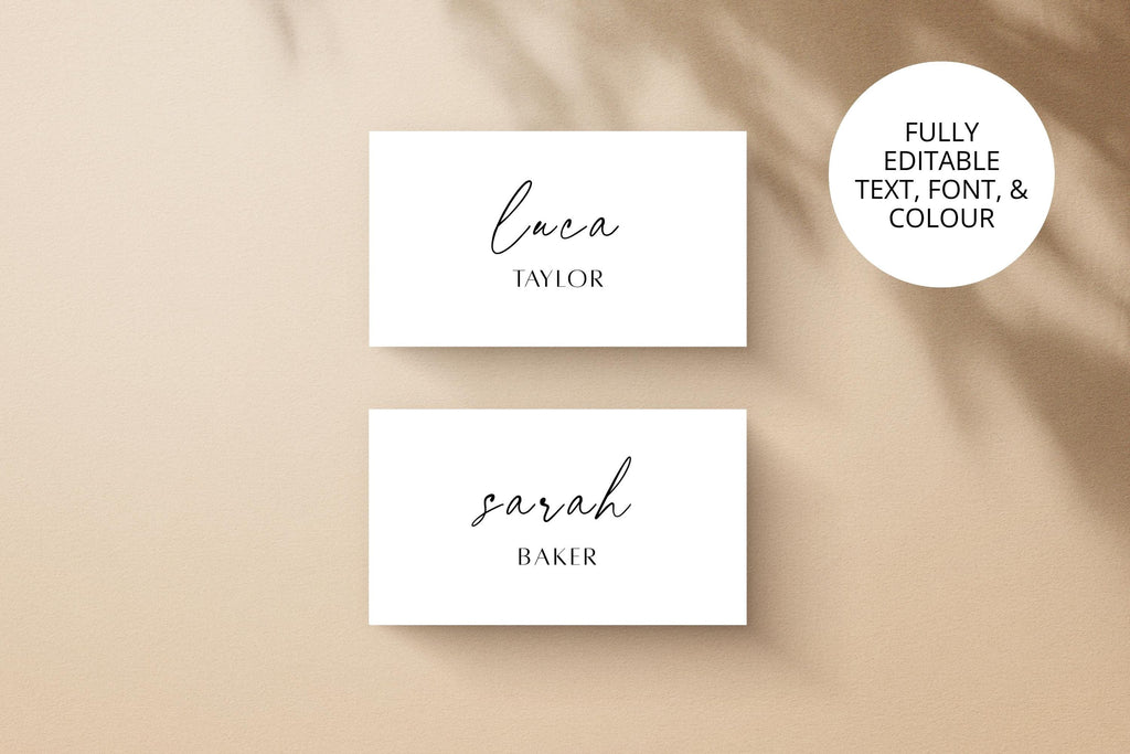 Editable wedding name card Canva template showing folded and flat place card variations with fully customisable text and colours.