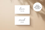 Editable wedding name card Canva template showing folded and flat place card variations with fully customisable text and colours.