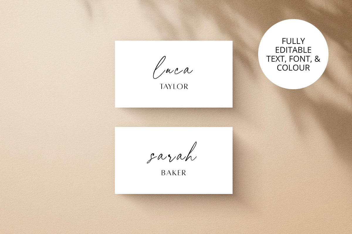 Editable wedding name card Canva template showing folded and flat place card variations with fully customisable text and colours.