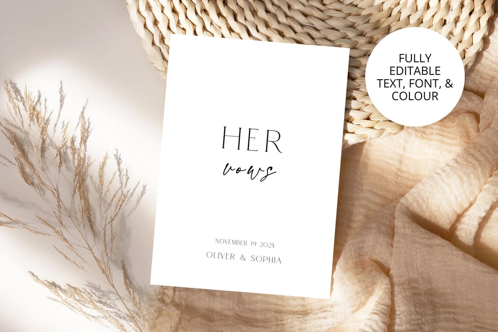 Editable Her Vows wedding vow book template with custom names and wedding date, minimalist bridal vow booklet, printable wedding ceremony vows book, modern neutral wedding stationery, Canva editable vow book for bride.