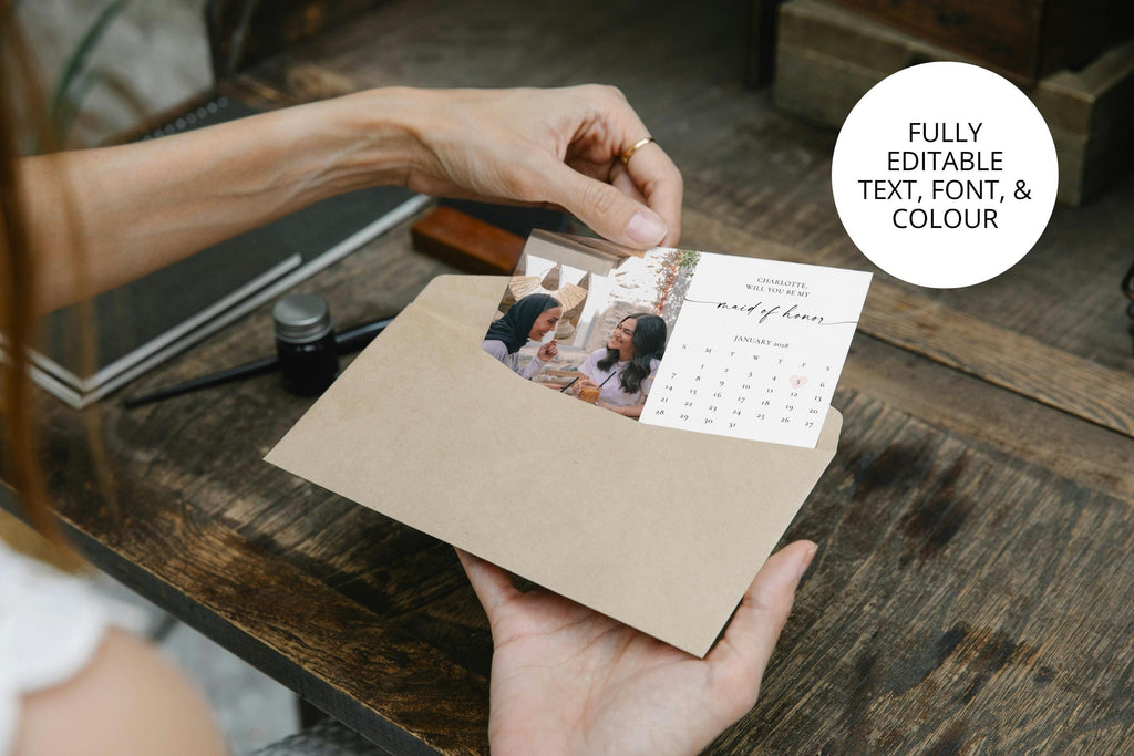 Bridesmaid proposal calendar photo card being placed in kraft envelope, rustic elegant printable wedding stationery, editable Canva bridesmaid invite.