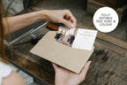 Bridesmaid proposal calendar photo card being placed in kraft envelope, rustic elegant printable wedding stationery, editable Canva bridesmaid invite.