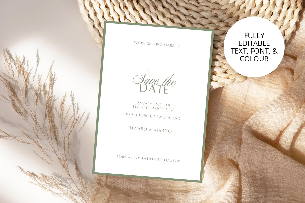 Editable sage green save the date template on neutral textured fabric beside dried stems and woven details. Personalise the wording, fonts and colours in Canva for your classic wedding announcement.
