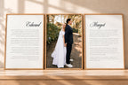 Personalised his and hers wedding vows wall art displayed either side of a wedding photograph, with script names and black vow wording in wooden frames on a sunlit shelf.