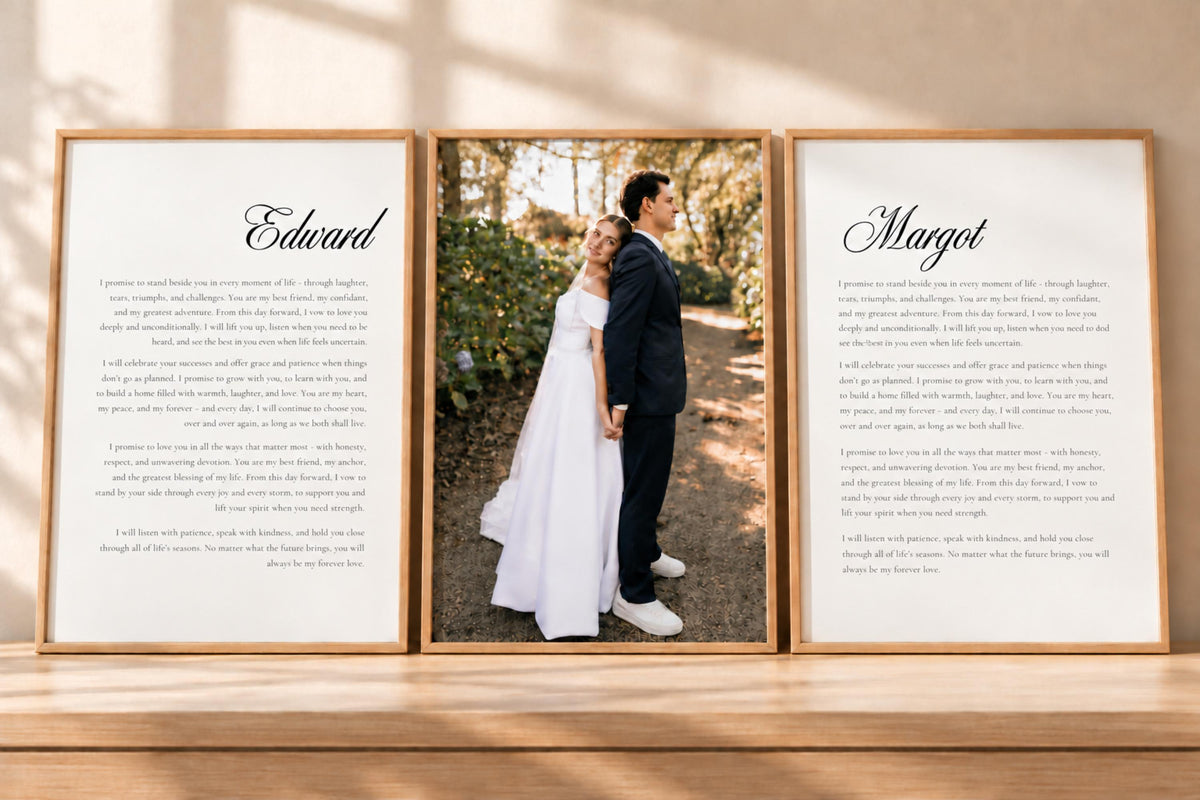 Personalised his and hers wedding vows wall art displayed either side of a wedding photograph, with script names and black vow wording in wooden frames on a sunlit shelf.