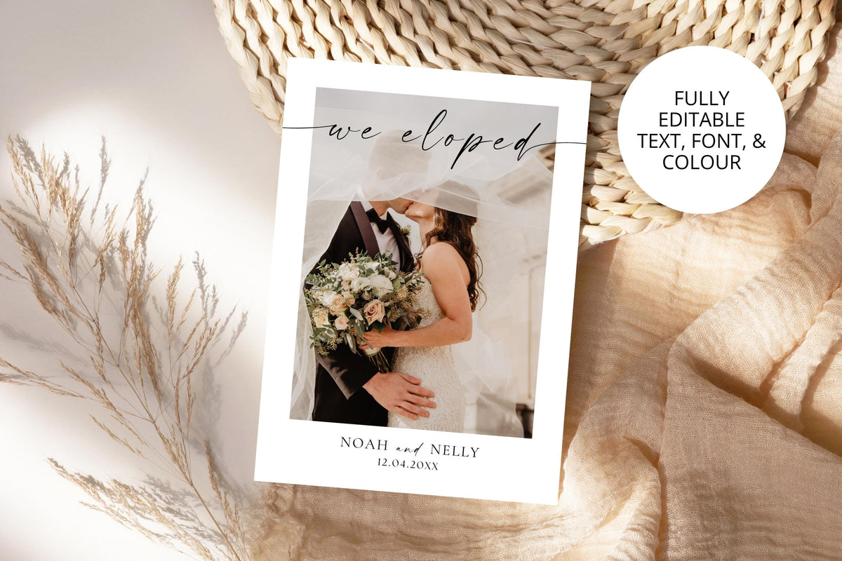 Wildflower we eloped announcement Canva template bundle, editable wedding photo announcement card, floral wedding reveal template, printable elopement announcement, rustic garden wedding stationery, instant download Canva design