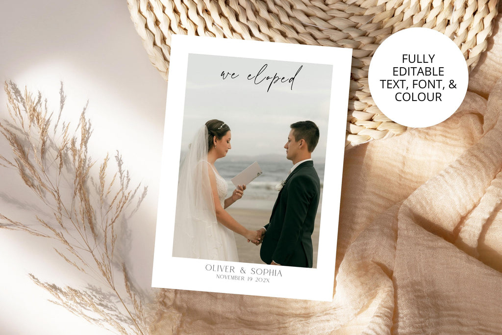 Editable wedding announcement template with photo collage layout, we eloped card template, printable elopement announcement, minimalist wedding photo announcement, fully editable Canva template, luxury wedding stationery design, modern newlywed announcement card, instant download wedding printable.