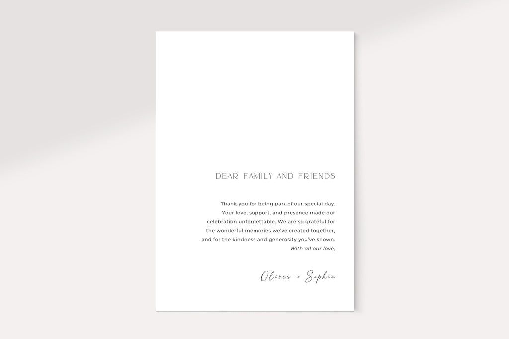 Printable wedding thank you card back design template, minimalist text layout, modern Canva editable wedding stationery, clean neutral aesthetic