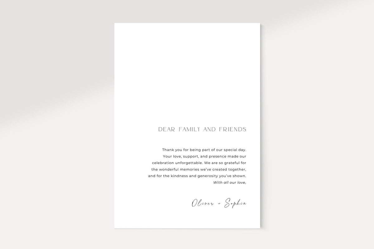 Printable wedding thank you card back design template, minimalist text layout, modern Canva editable wedding stationery, clean neutral aesthetic