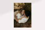 Photo save the date wedding card template featuring romantic couple portrait, elegant editable Canva wedding announcement with script typography