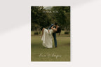 Full photo wedding thank you card front featuring a bride and groom embracing outdoors, with a delicate white thank you heading and handwritten style names. Minimal personalised newlywed photo card design.