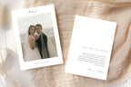 Printable wedding thank you card template with photo, soft neutral fabric background flatlay, elegant modern Canva template, instant download wedding stationery