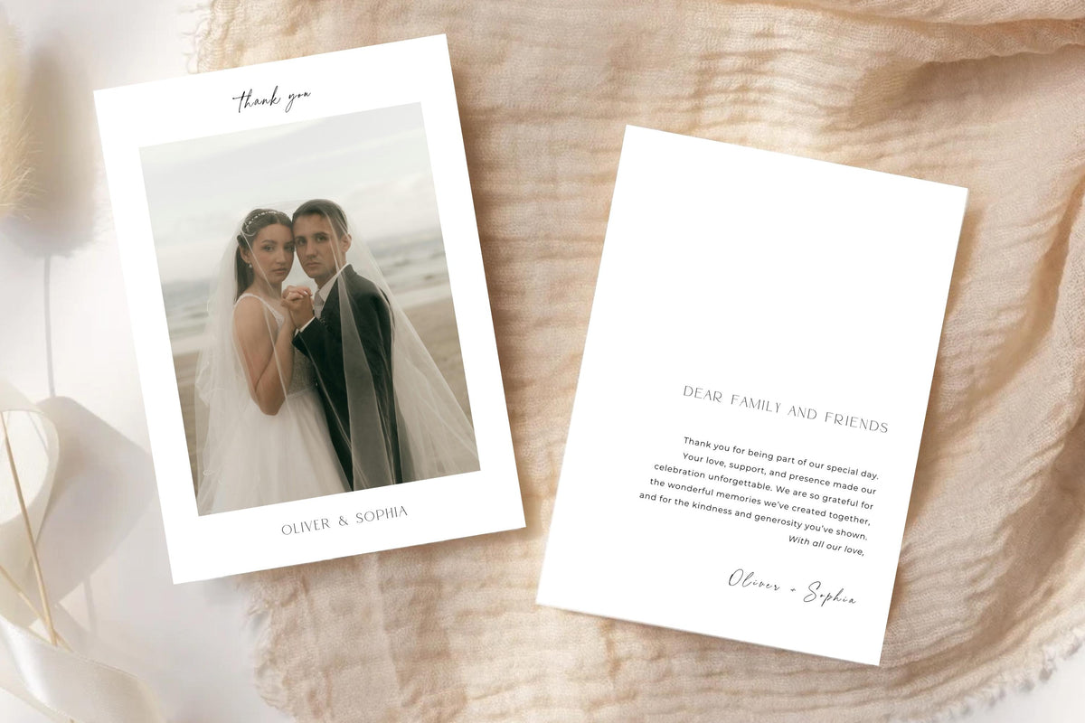 Printable wedding thank you card template with photo, soft neutral fabric background flatlay, elegant modern Canva template, instant download wedding stationery