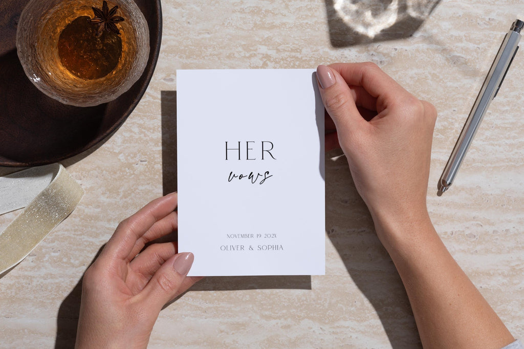 Bride writing wedding vows in editable vow booklet template, personalized wedding vow book, printable wedding ceremony vow journal, modern minimalist vow book design, editable Canva wedding stationery for bride and groom.