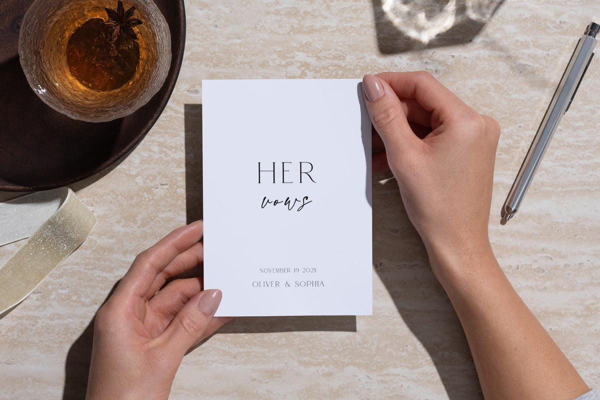 Bride writing wedding vows in editable vow booklet template, personalized wedding vow book, printable wedding ceremony vow journal, modern minimalist vow book design, editable Canva wedding stationery for bride and groom.