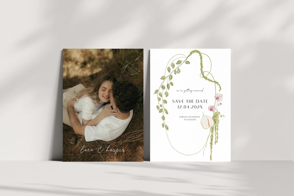 Modern botanical wedding save the date cards with couple photo and floral design, editable Canva template for elegant garden wedding stationery