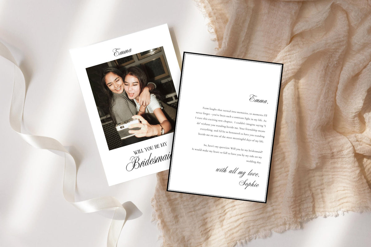 Printable bridesmaid proposal card template with photo, editable Canva bridesmaid proposal keepsake, elegant wedding party proposal card, instant digital download for bridesmaids