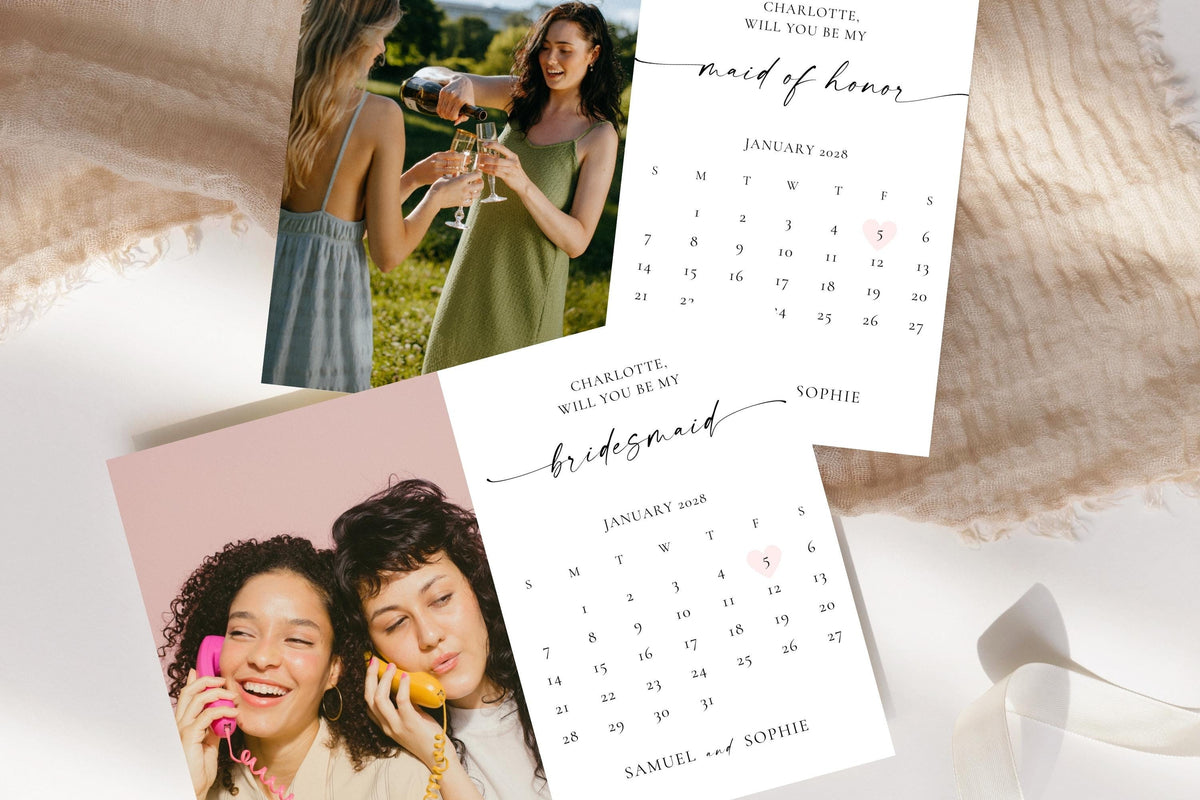 Printable bridesmaid proposal calendar cards with photo layout, boho minimalist design, editable Canva wedding template for bridal party invitations