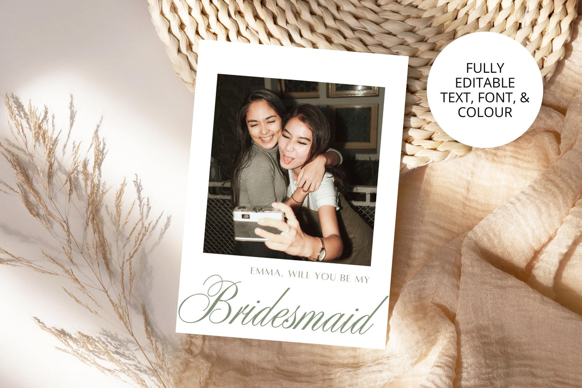Editable photo bridesmaid proposal card featuring sage green calligraphy and a personalised name, styled with neutral fabric and dried foliage. Printable will you be my bridesmaid template with editable text, fonts and colours.
