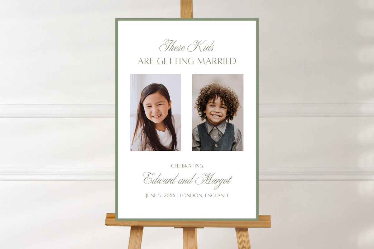 Minimal sage green “These Kids Are Getting Married” photo sign on an easel against a white wall, elegant editable wedding signage mockup with two couple photos.