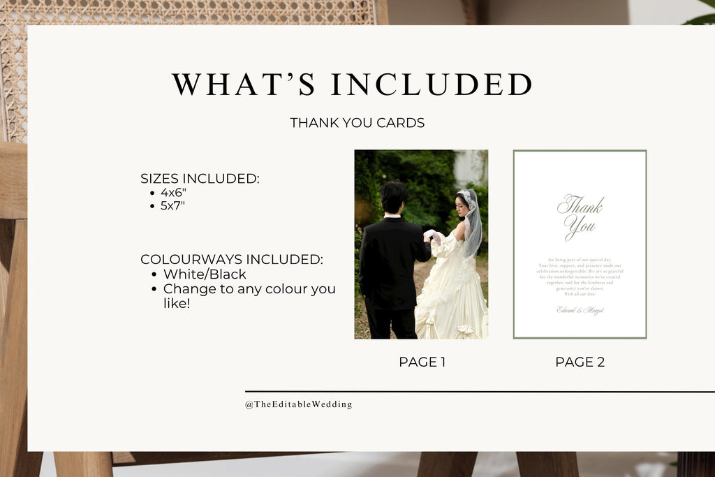 Wedding thank you card template inclusion guide showing the photo and written message designs, with 4x6 and 5x7 inch sizes listed alongside editable colour options for personalised wedding stationery.