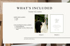 Wedding thank you card template inclusion guide showing the photo and written message designs, with 4x6 and 5x7 inch sizes listed alongside editable colour options for personalised wedding stationery.