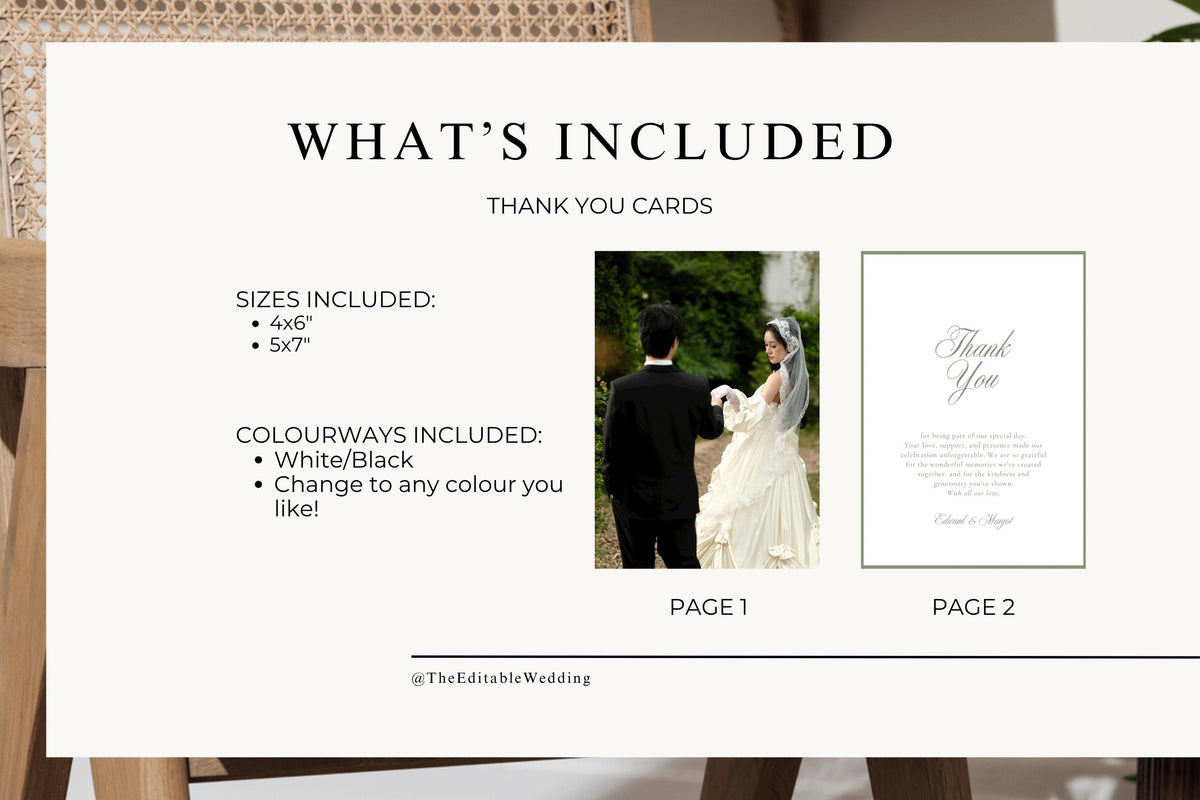 Wedding thank you card template inclusion guide showing the photo and written message designs, with 4x6 and 5x7 inch sizes listed alongside editable colour options for personalised wedding stationery.