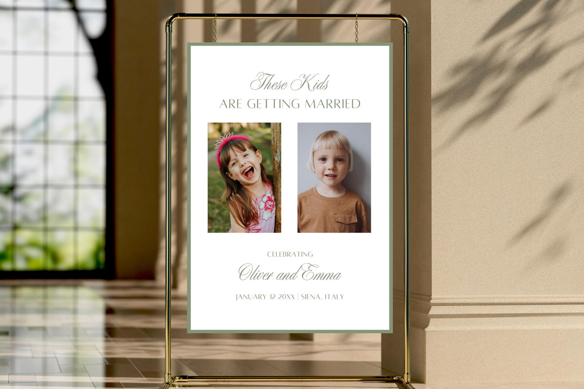 Sage green personalised wedding photo sign displayed in a glass and gold frame, “These Kids Are Getting Married” keepsake sign mockup in a modern wedding venue.
